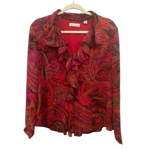 Coldwater Creek Vibrant Paisley Ruffle V Neck Blouse Boho Top Sz L Petite